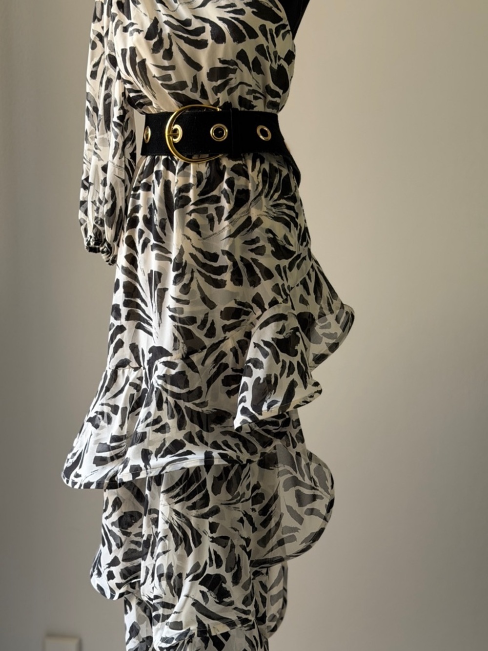 Alexis Black and White Asymmetrical Ruffle Midi Skirt